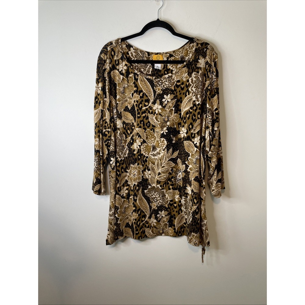 Ruby Rd Woman 3X Brown Black Animal Floral Print Tunic Top Stretch Plus Size